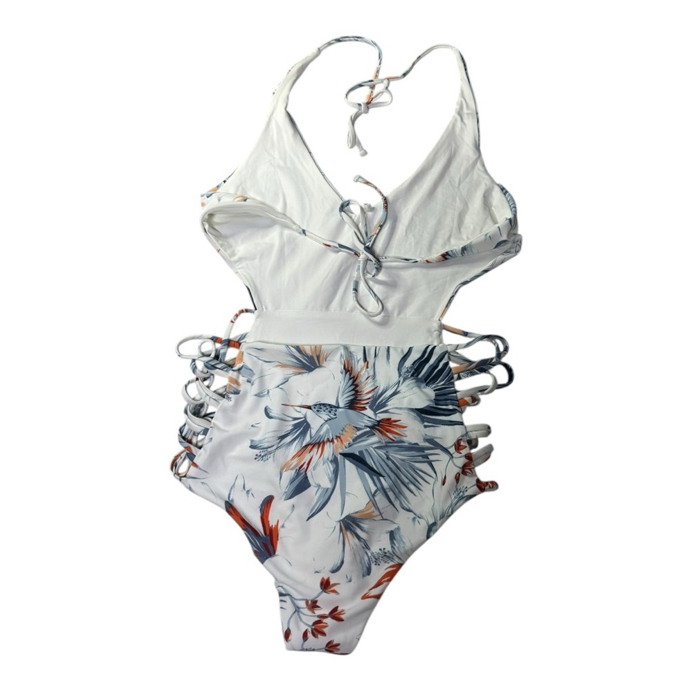 LSpace Fire Trippi Bird of Paradise 1 Piece Cut Out Halter Blue & Orange Swim 12 - Picture 4 of 8
